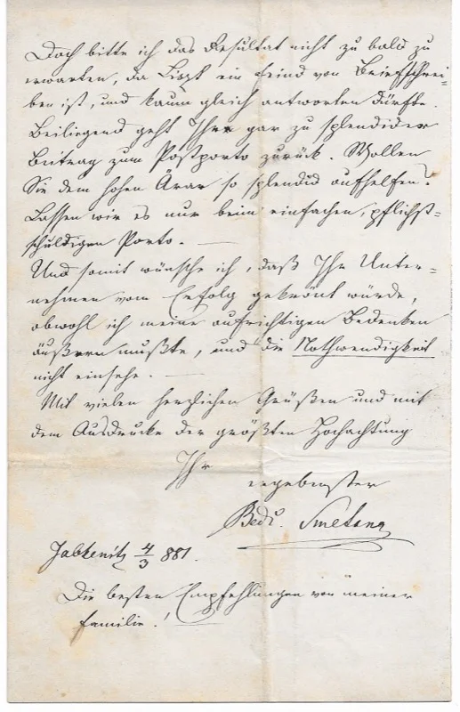 Letter in Smetana's hand