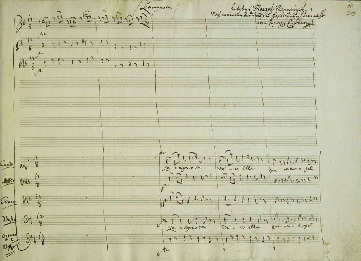 The final page of Mozart's Requiem manuscript — his last work, left unfinished at his death in 1791
