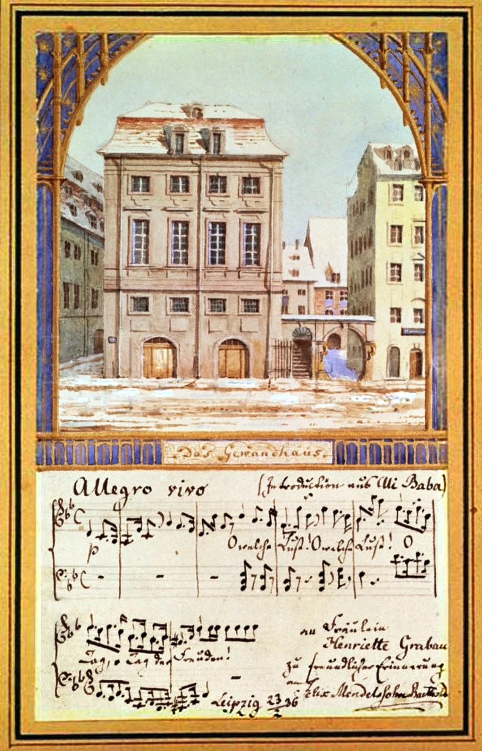 Felix Mendelssohn, watercolour of the Leipzig Gewandhaus (1836) — the historic stage where this concerto resounded.