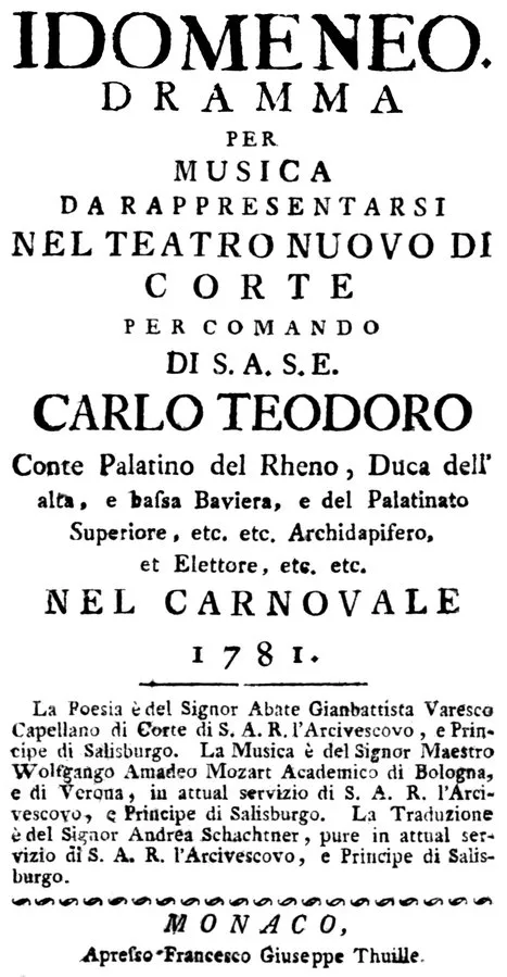 Title page of the Idomeneo libretto, Munich 1781