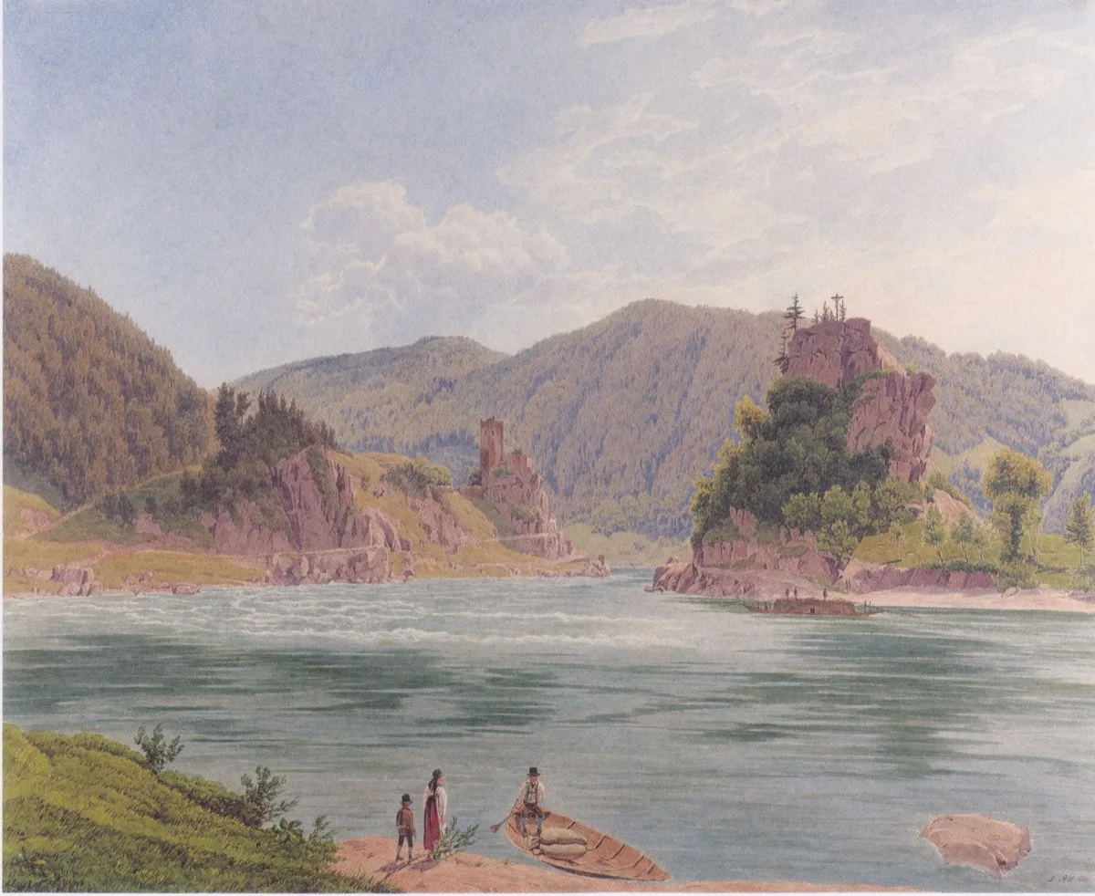 View of the Danube near Vienna, 1833, by Jakob Alt. The winding river and wooded valley mirror the pastoral world Beethoven translated into the Sixth Symphony's five movements.