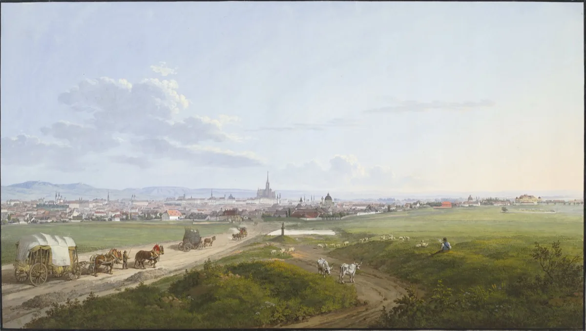 View of Vienna from the Spinner on the Cross, 1817, by Jakob Alt. This watercolor panorama of the city and its surrounding hills captures the landscape Beethoven knew when he composed the Pastoral.