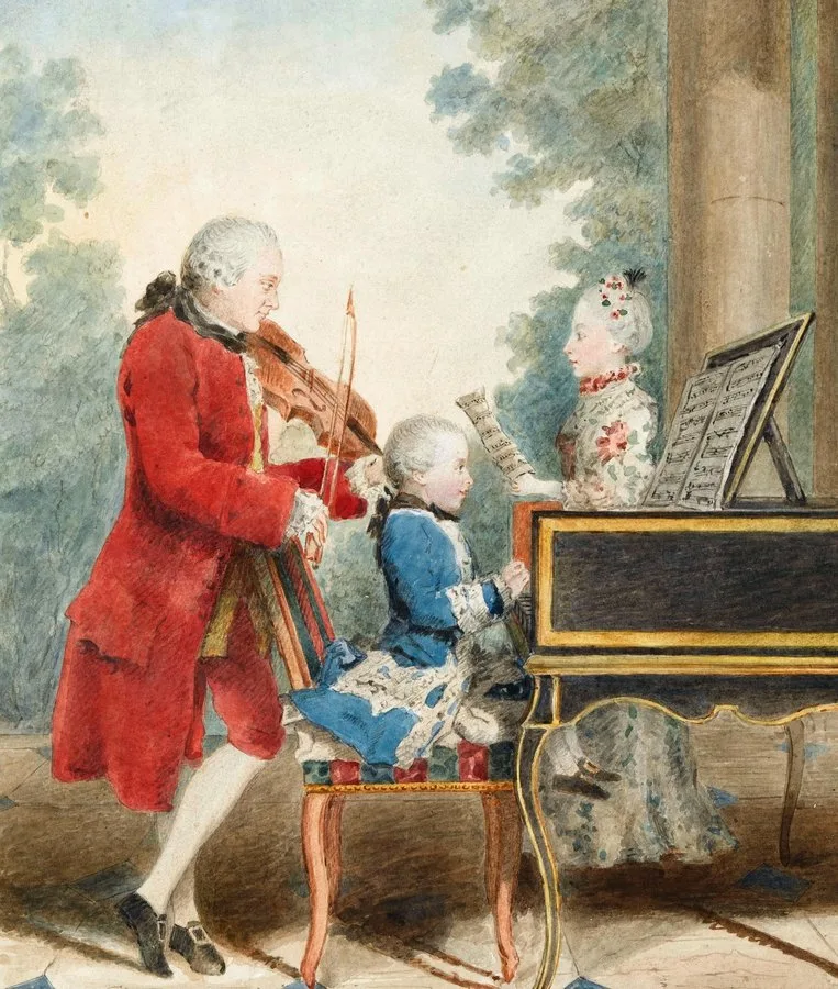 Mozart family portrait: Wolfgang, father Leopold, and sister Nannerl