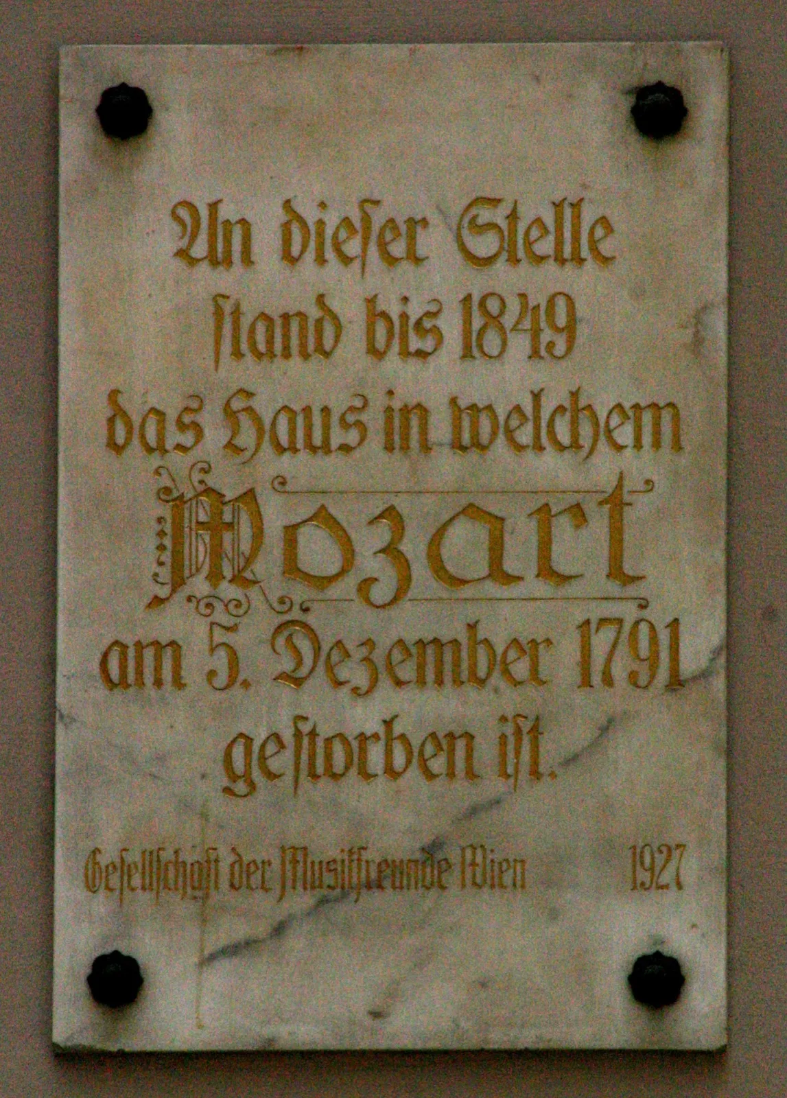 Memorial plaque at the building in Vienna's Rauhensteingasse where Mozart died on December 5, 1791