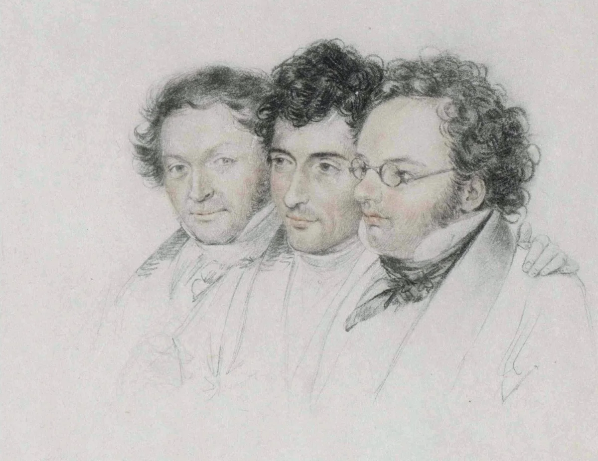 Drawing by Josef Teltscher (1827) showing Jenger, Hüttenbrenner, and Schubert