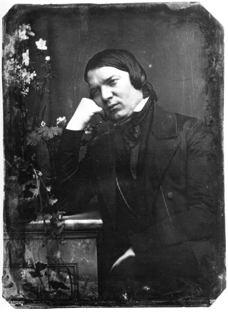 Robert Schumann daguerreotype (1850, photographer unknown) — the face of a man who remained a composer after his dream of performing was shattered.