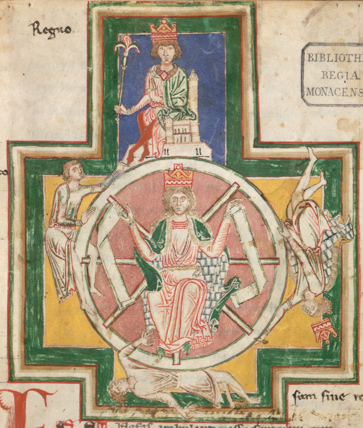 Detail of the medieval Wheel of Fortune from the Codex Buranus showing the crowned goddess Fortuna seated at the center of the wheel