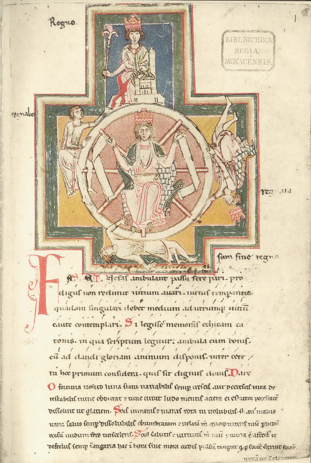 Medieval Wheel of Fortune illustration from the Codex Buranus showing the goddess Fortuna at the center with four kings rising and falling around the rim