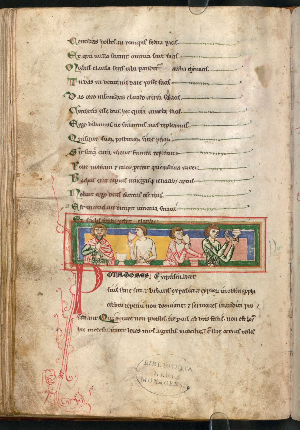 Medieval manuscript miniature from the Codex Buranus showing four men drinking together at a tavern