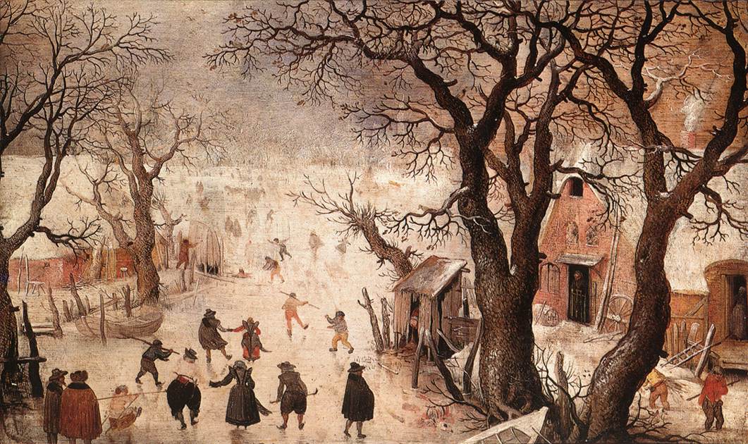 Dutch Golden Age painting of a frozen river crowded with skaters, sledges and figures under a pale grey sky