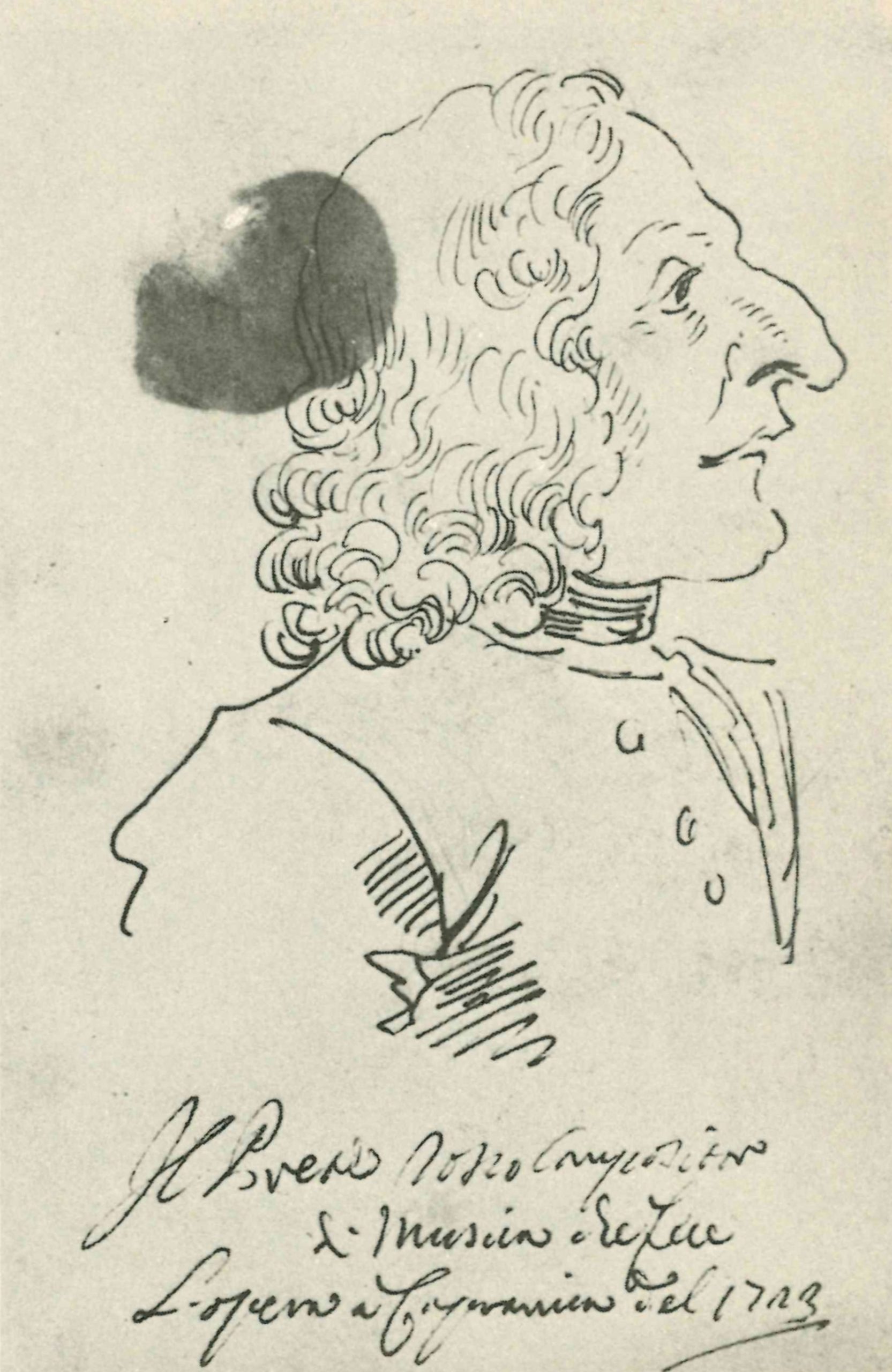 Pen caricature in profile of a long-nosed man with curled hair, drawn by Pier Leone Ghezzi and labelled as Vivaldi