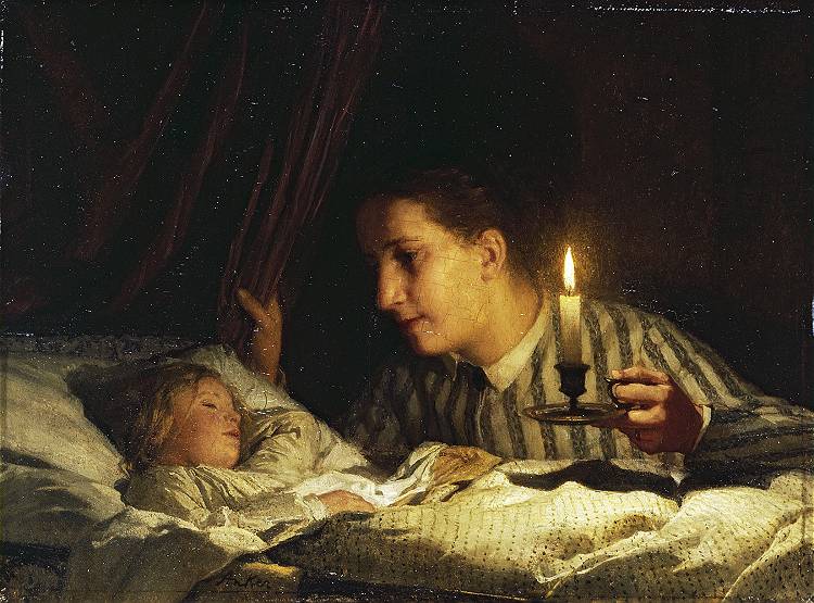 Oil painting by Albert Anker of a young mother watching her sleeping child by candlelight