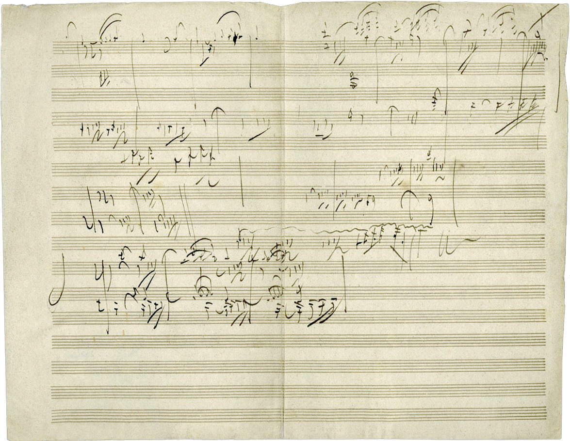 A heavily corrected manuscript sketch page for Beethoven's Piano Sonata Op. 101, written in the composer's hand