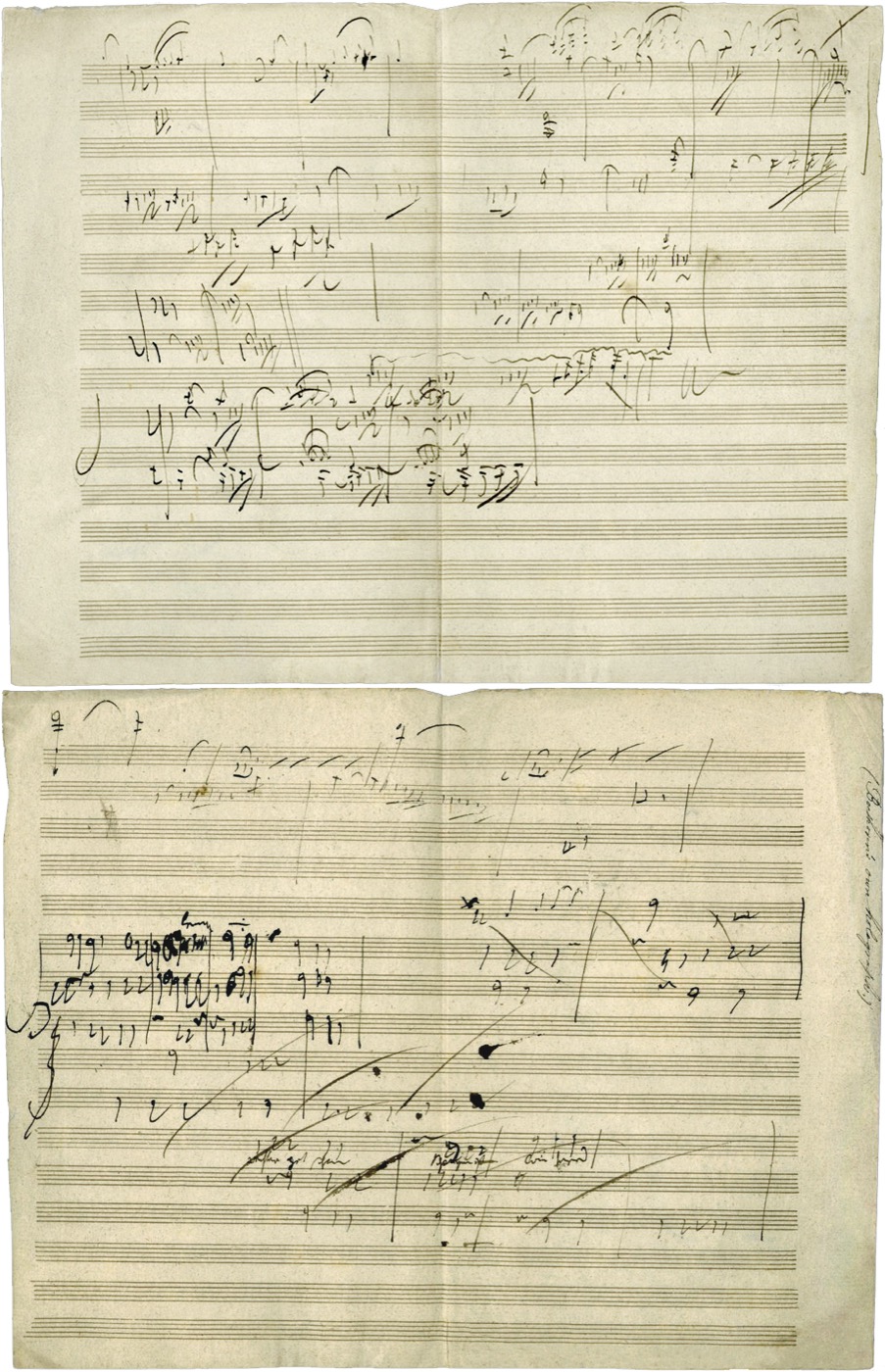 A page of Beethoven's handwritten autograph manuscript for the Piano Sonata Op. 101, showing dense notation and corrections
