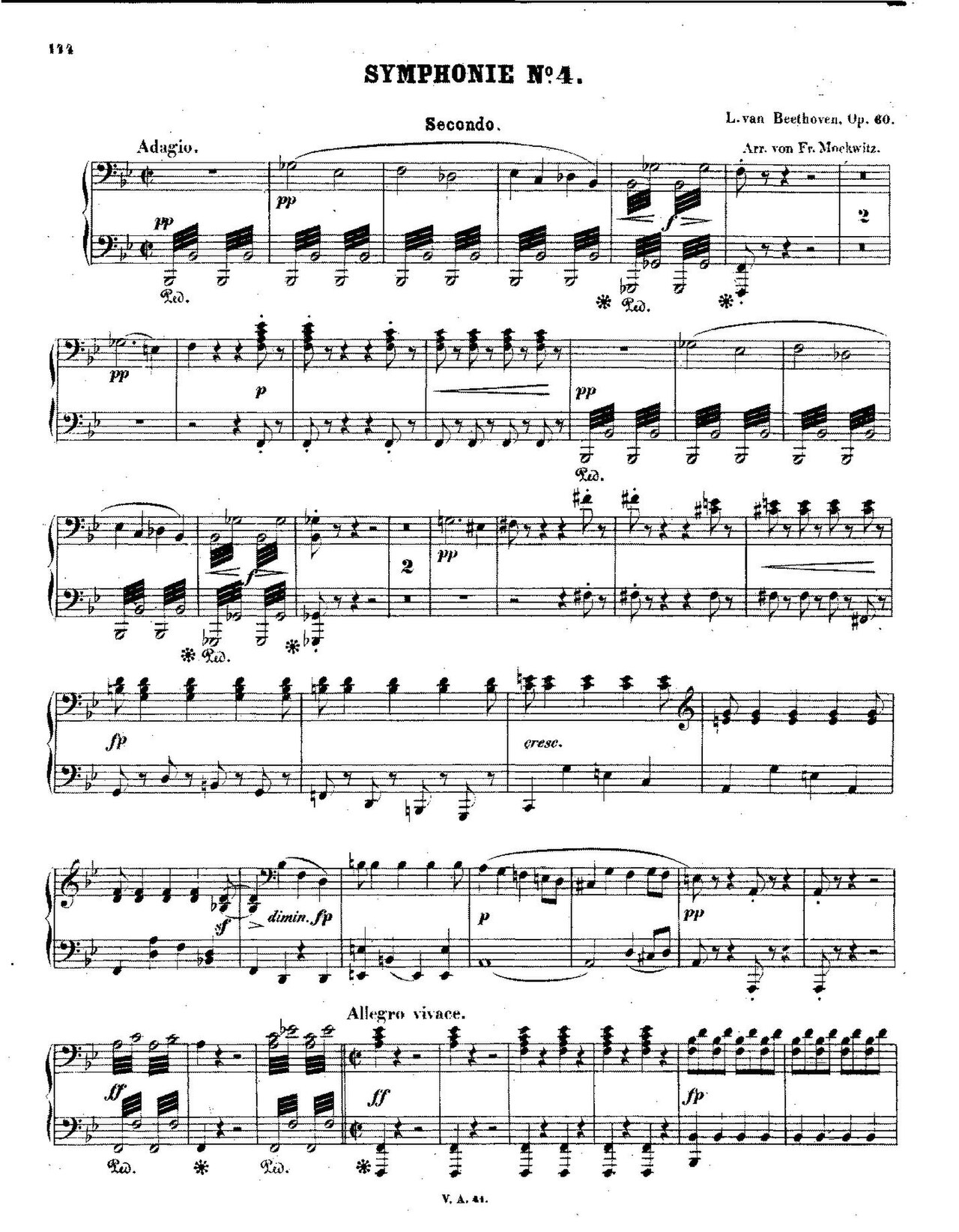 Printed sheet music showing the opening of Beethoven's Symphony No. 4, Op. 60, with the Adagio introduction at the top and the Allegro vivace entering at the foot of the page
