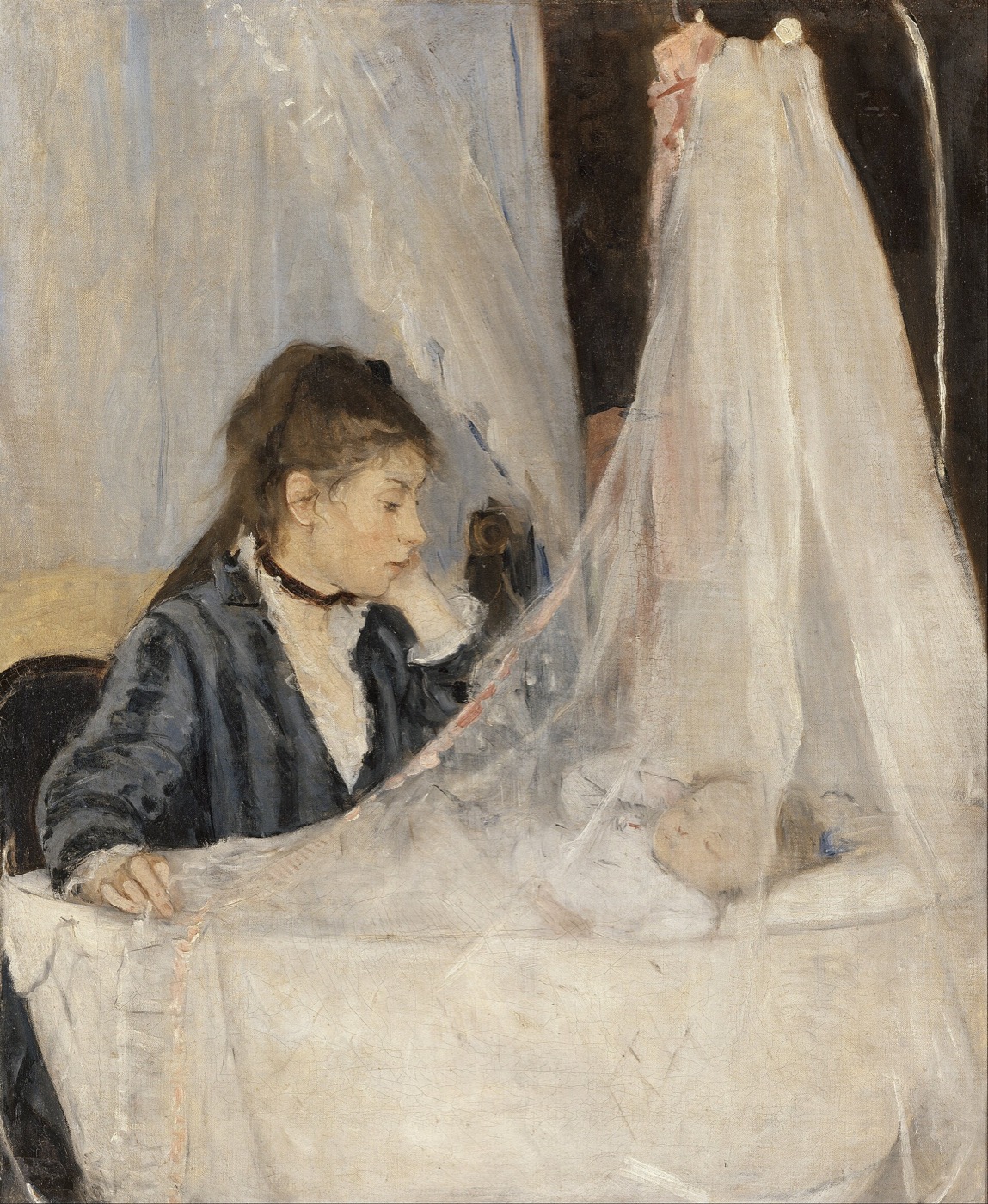 Berthe Morisot's 1872 painting The Cradle, showing a woman watching over a sleeping infant behind a gauzy canopy