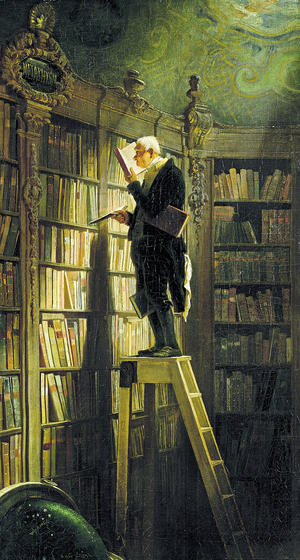 Carl Spitzweg painting The Bookworm, showing an elderly man reading while balanced on a library ladder surrounded by tall bookshelves