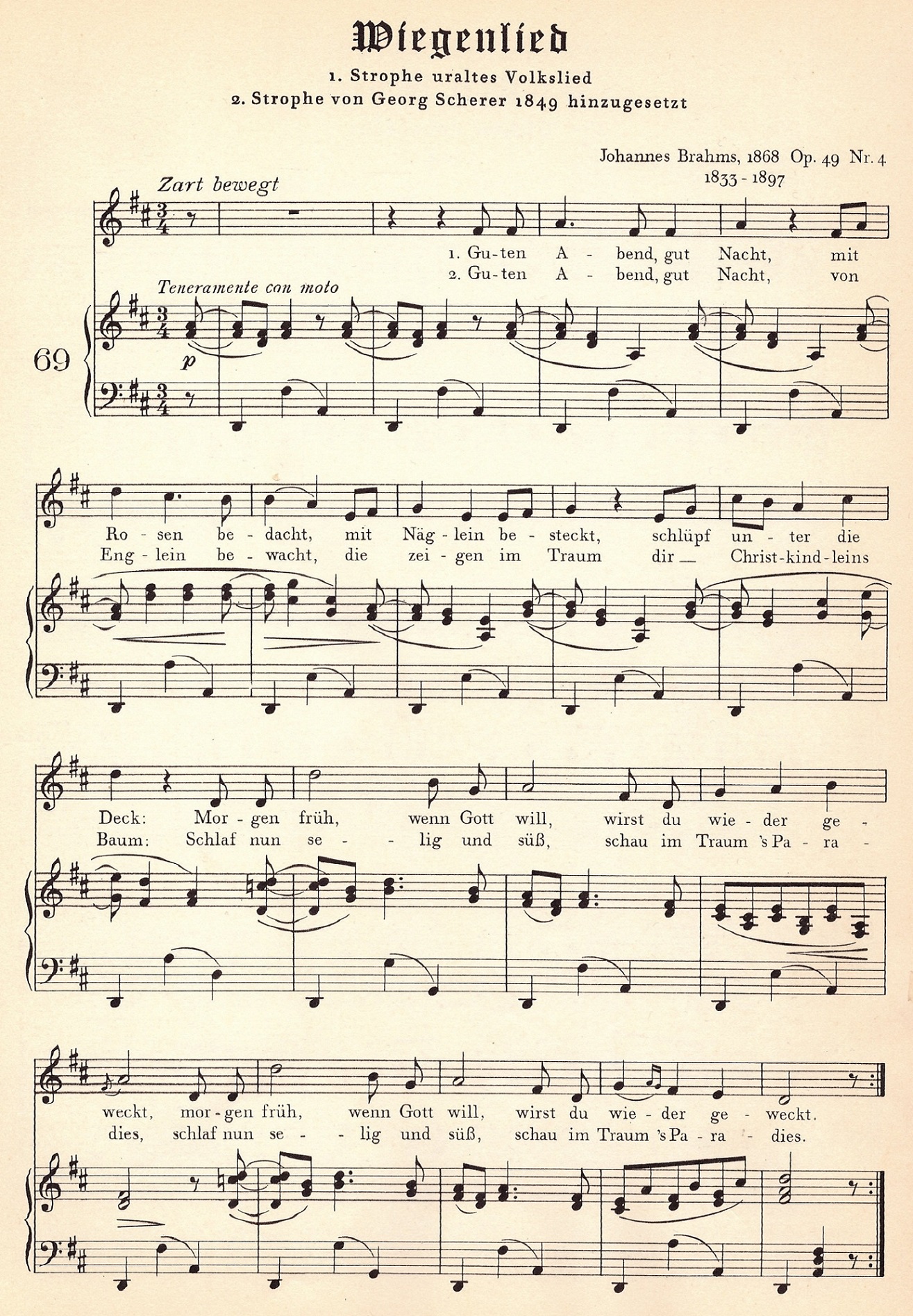 Printed score of Brahms's Wiegenlied, Guten Abend gut Nacht, for voice and piano