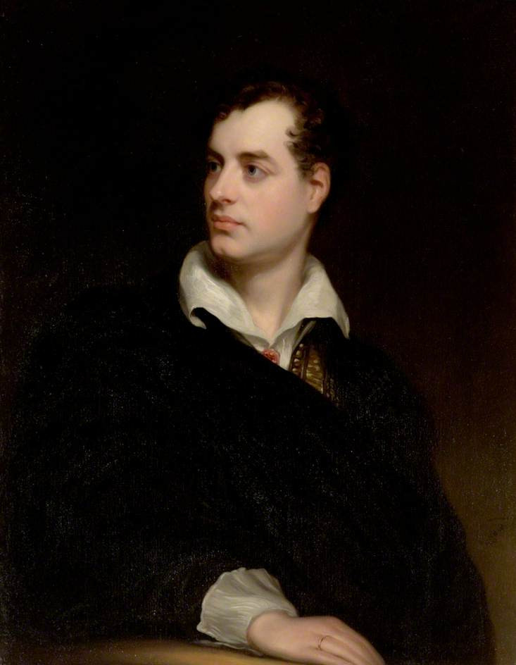 Oil portrait of the poet Lord Byron in dark clothing with a white collar, painted by Thomas Phillips