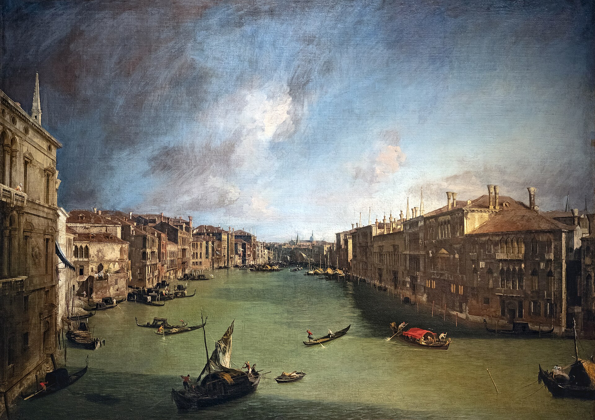 Eighteenth-century painting of the Grand Canal in Venice with gondolas and palazzi, by Canaletto