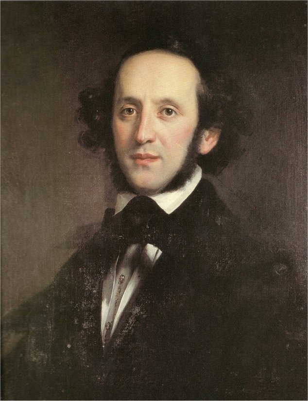Portrait of composer Felix Mendelssohn in a dark coat, painted by Eduard Magnus in 1846.