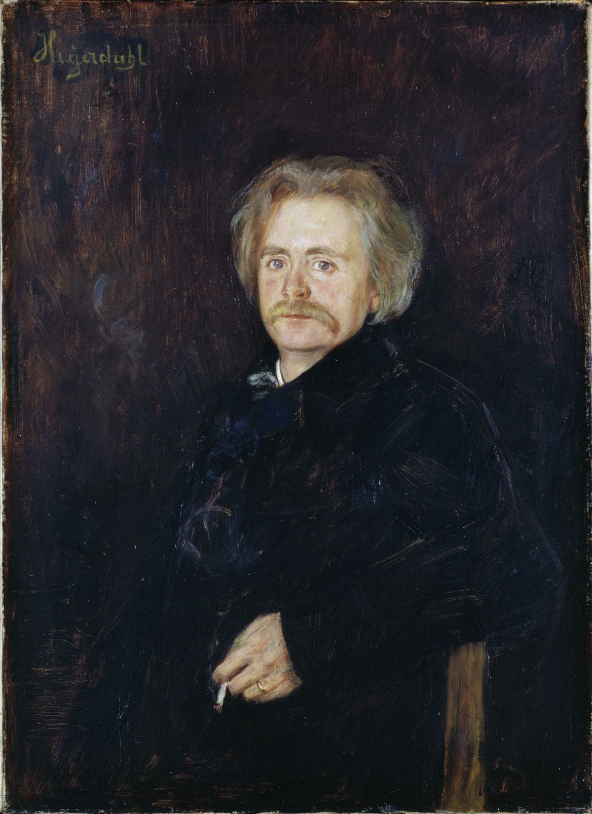 Painted portrait of composer Edvard Grieg with a moustache, holding a cigarette
