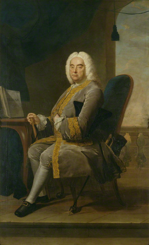 Painted portrait of composer George Frideric Handel in a grey coat and white wig, a Messiah score on the table beside him