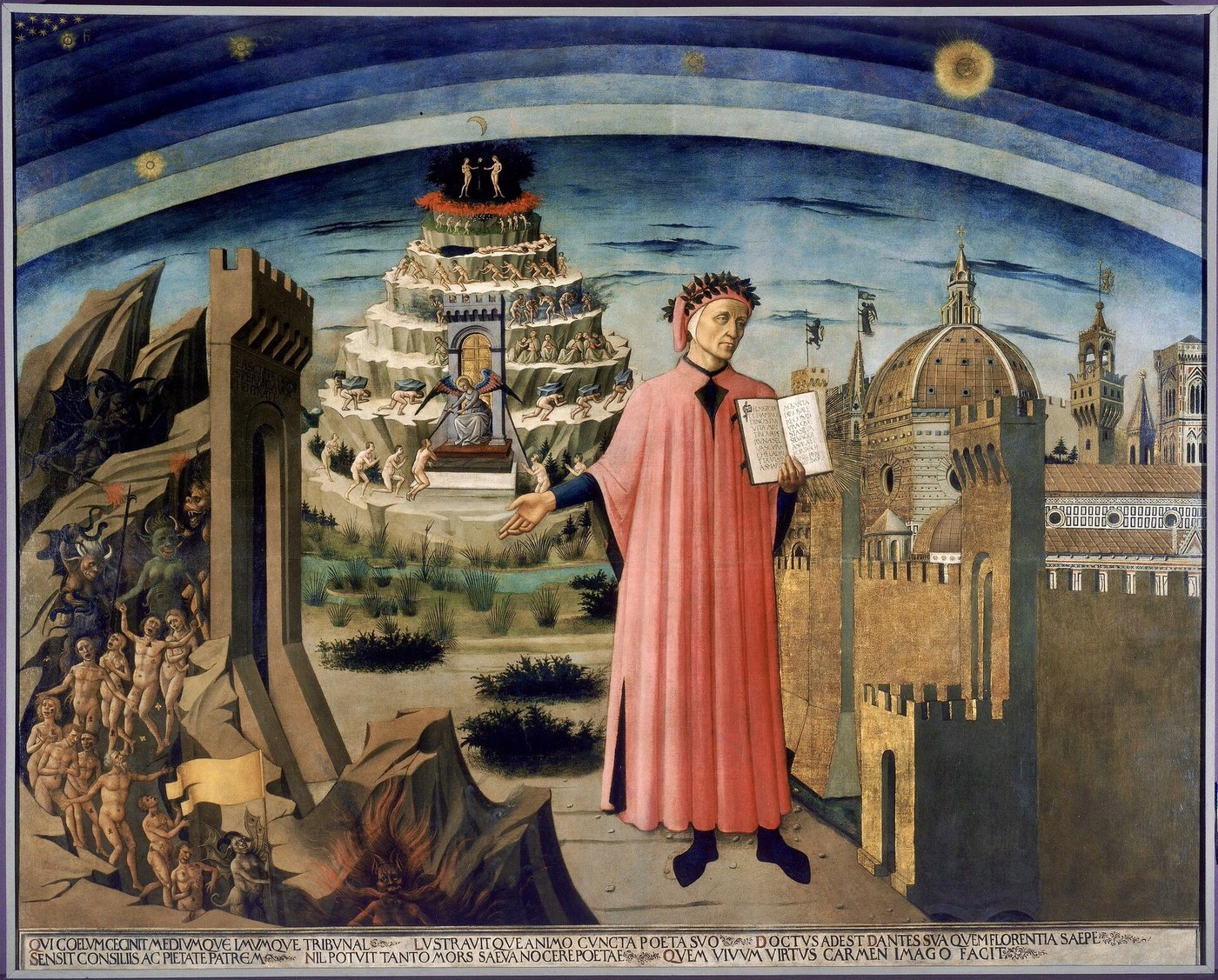 Domenico di Michelino's 1465 painting of Dante Alighieri in a red robe holding the Divine Comedy, with the city of Florence on the right and the mountain of Purgatory behind him
