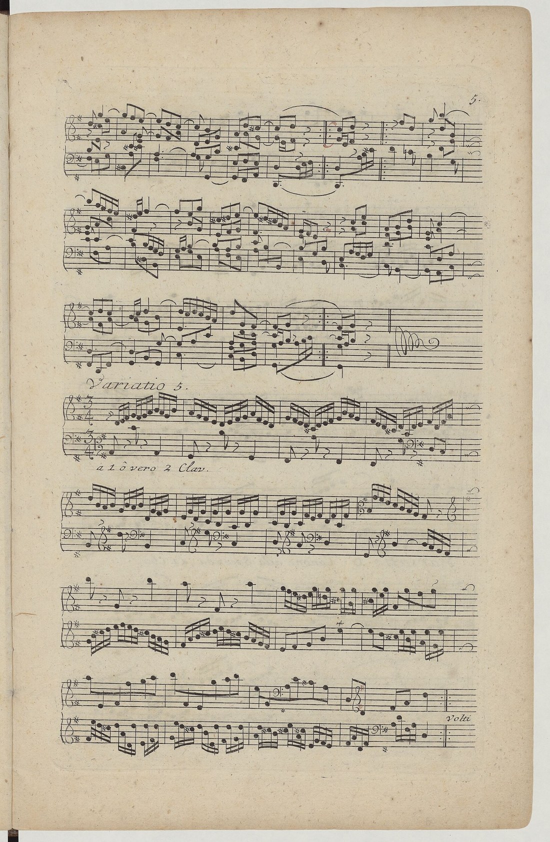 Engraved page of keyboard music from the 1741 first edition of Bach's Goldberg Variations, headed Variatio 5, printed on two staves