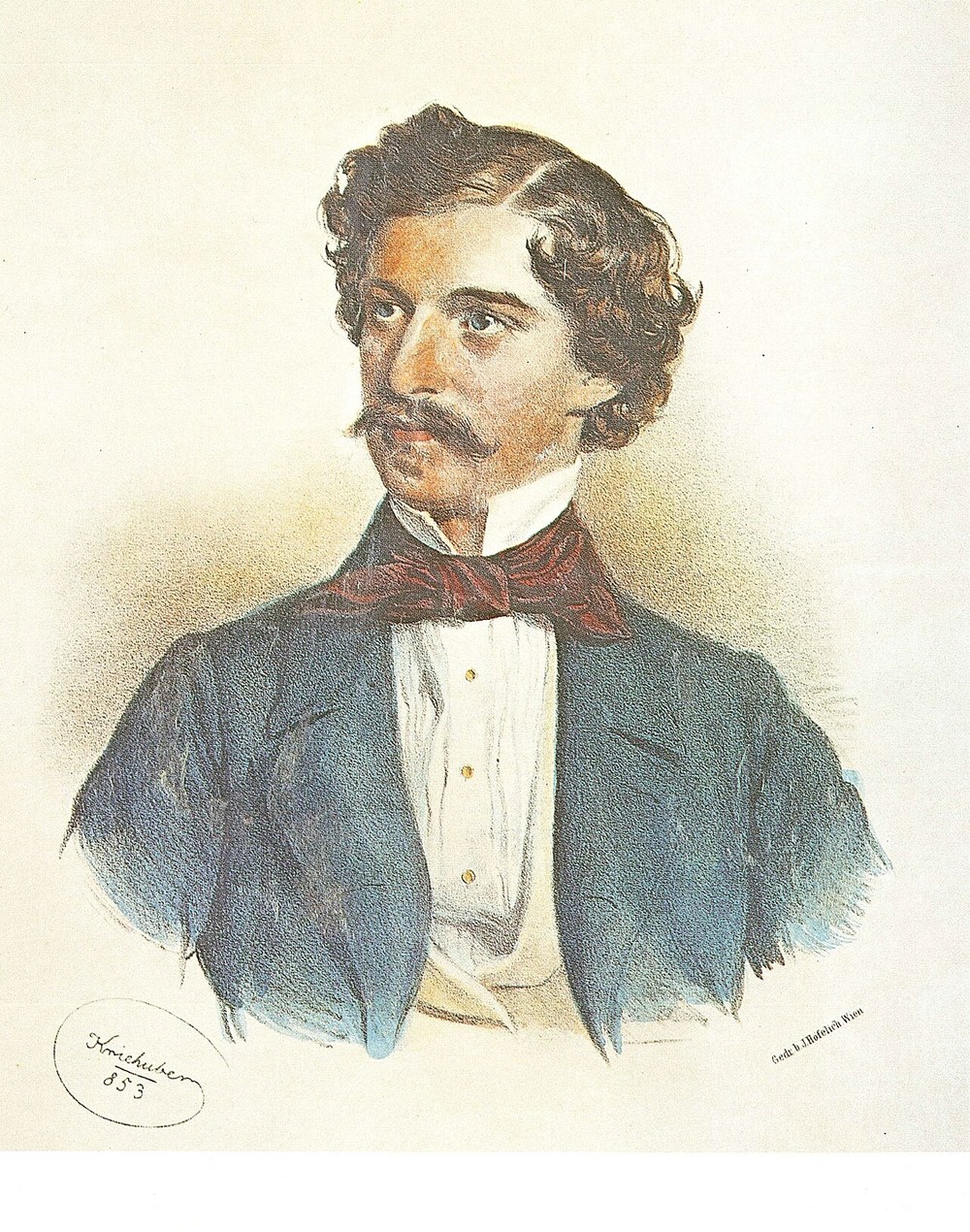 An 1853 lithograph portrait of the young Johann Strauss II in formal dress, signed by the artist Josef Kriehuber