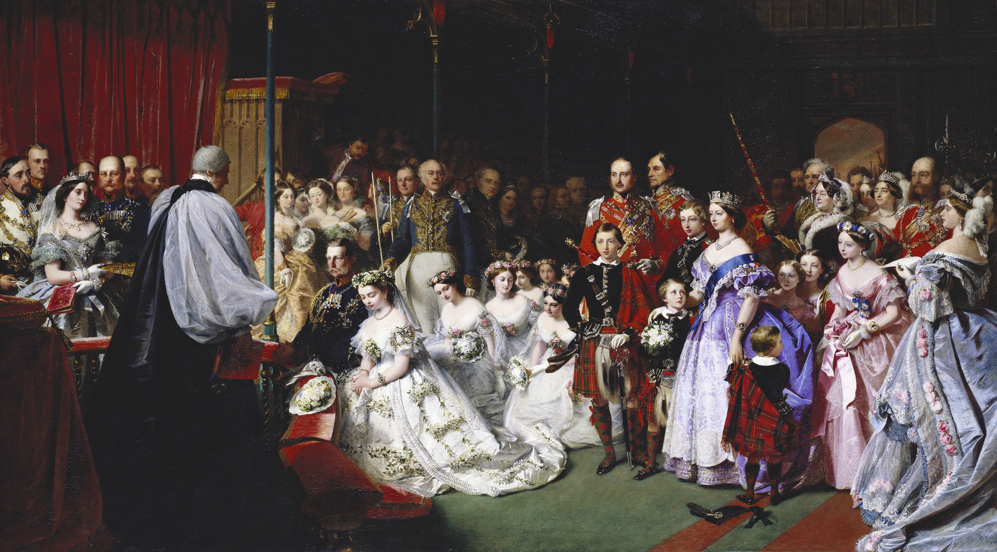 Victorian painting of the 1858 royal wedding of Victoria, Princess Royal, with the bride at the altar surrounded by court attendants