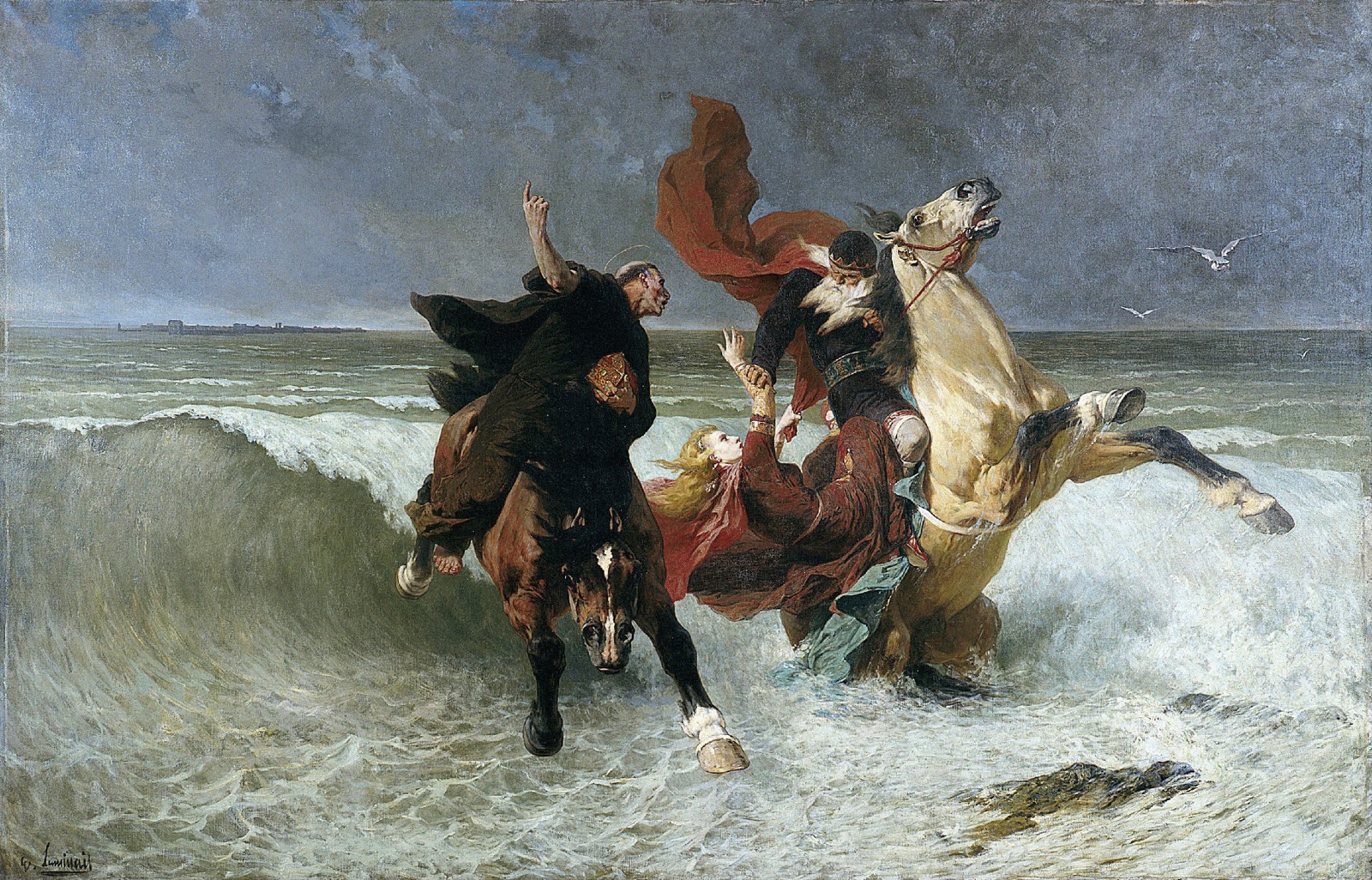 Nineteenth-century painting of King Gradlon on horseback fleeing the flooded city of Ys through breaking waves