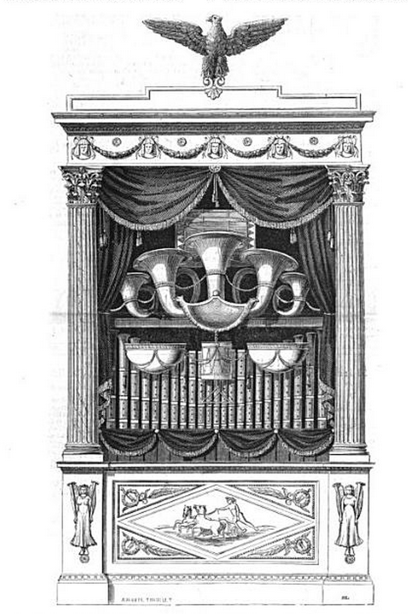 Nineteenth-century engraving of a panharmonicon, a cabinet-sized mechanical orchestra with visible pipes and trumpets