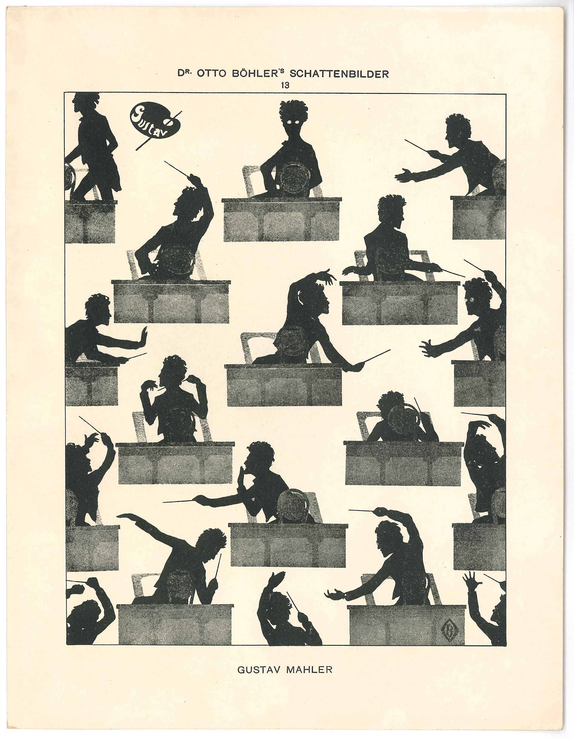 Silhouette prints by Otto Böhler showing Gustav Mahler conducting in several exaggerated poses