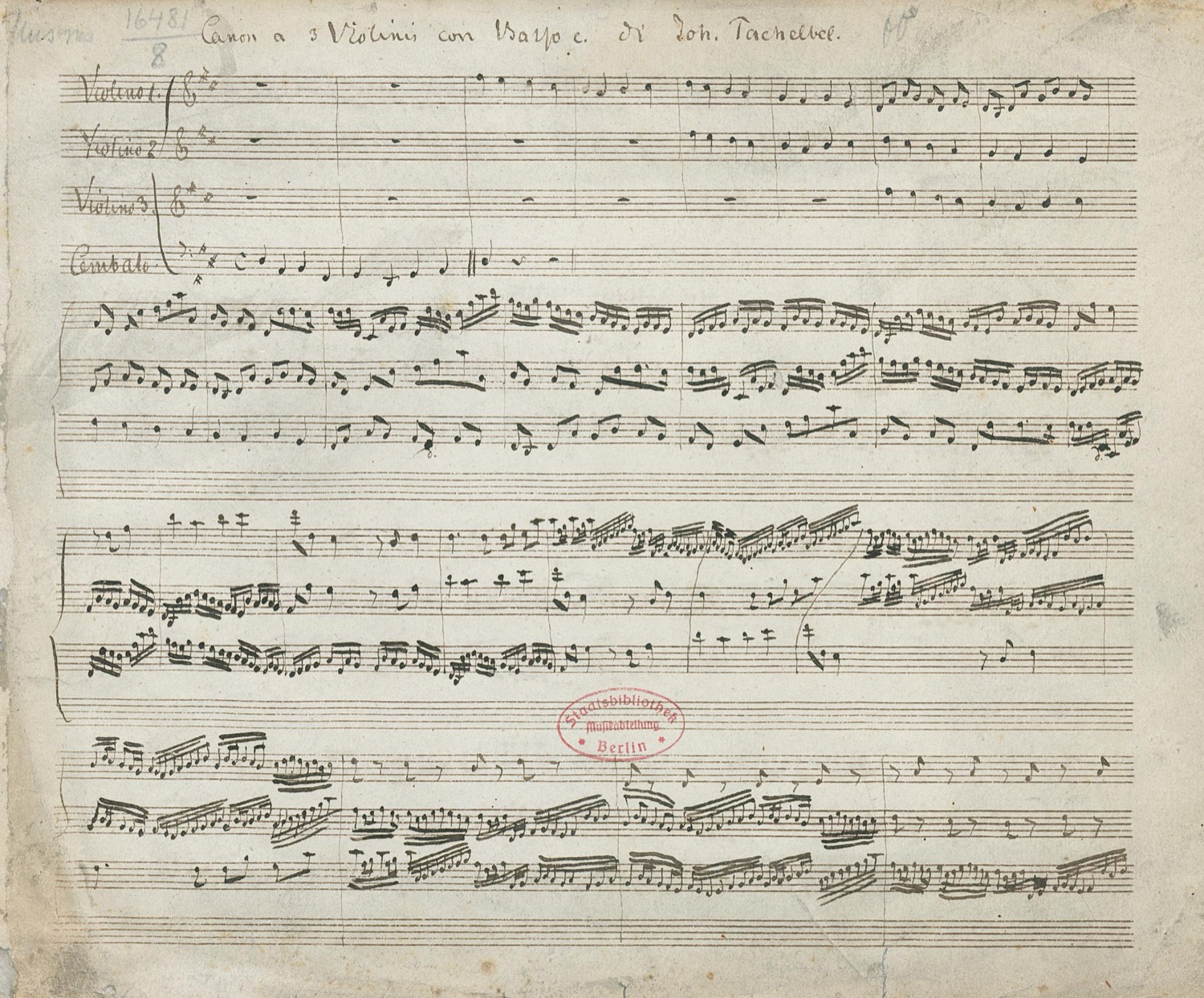 The oldest surviving handwritten manuscript of Pachelbel's Canon in D, titled Canon a 3 Violini con Basso.