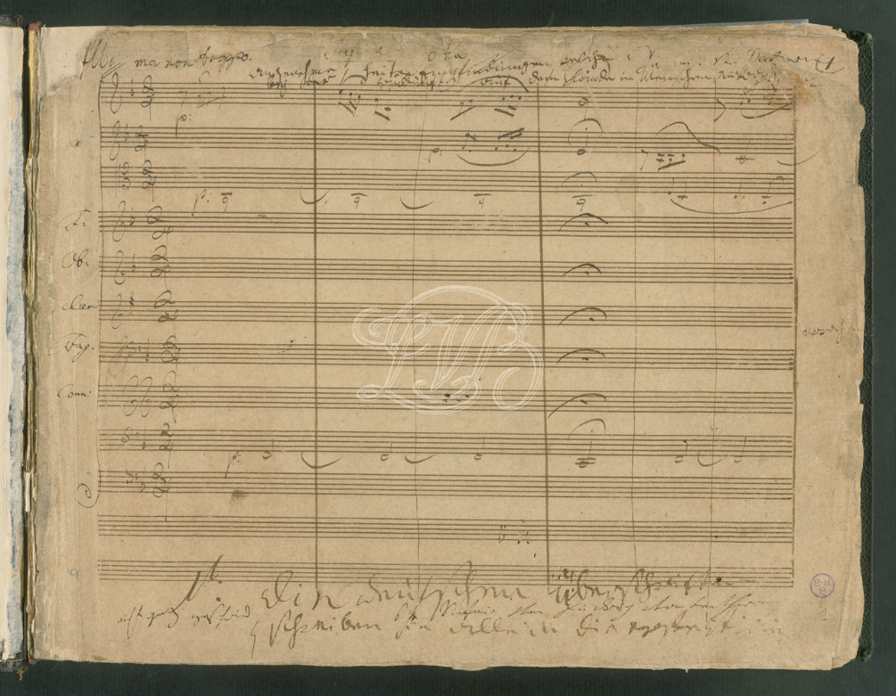 Autograph manuscript page from Beethoven's Symphony No. 6, showing the Allegro ma non troppo heading and handwritten wind parts