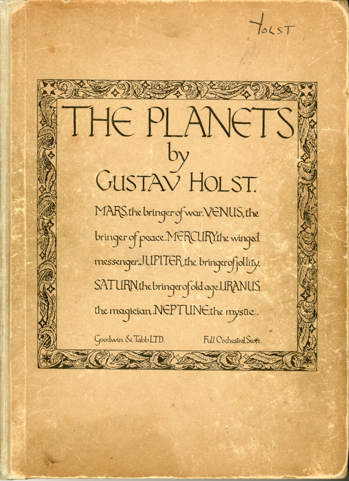 Printed cover of the 1921 published full score of Gustav Holst's The Planets, listing the seven movements