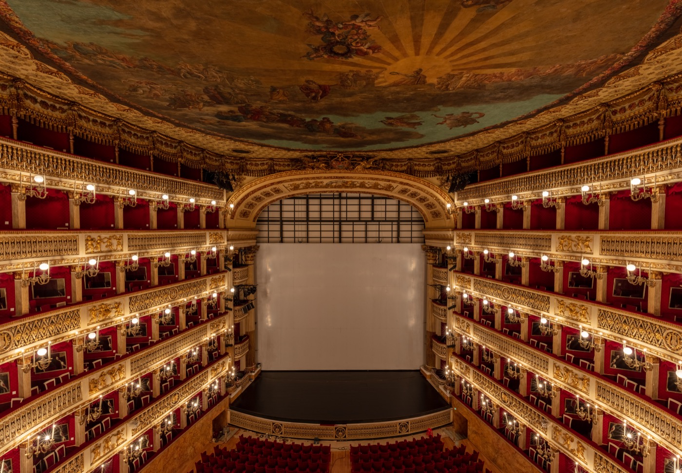 Interior of the Teatro di San Carlo in Naples, showing gilded boxes and the stage