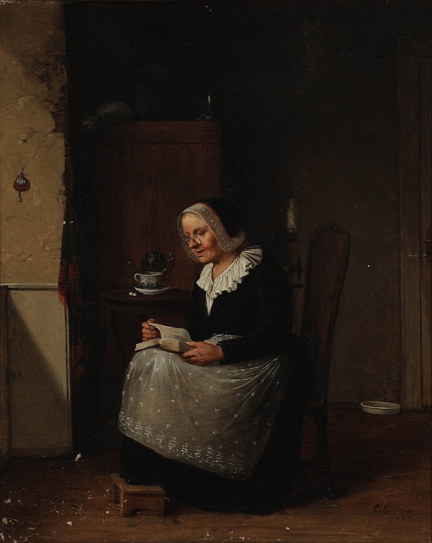 Christian Andreas Schleisner 1856 painting of a woman reading a book by lamplight in a dark domestic interior