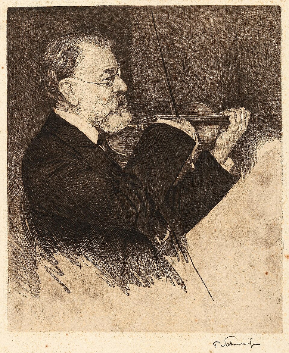 Etching of the violinist Joseph Joachim in profile, bearded and elderly, playing the violin