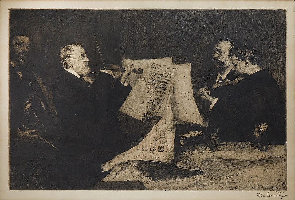 Etching of the Joachim String Quartet, four string players seated with their instruments in front of music stands