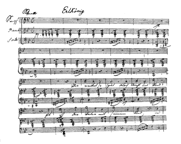 Opening page of Schubert's Erlkonig D. 328 showing the piano part's repeated triplet chords