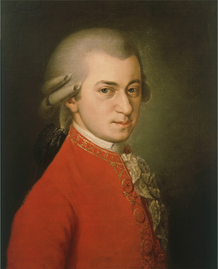 Posthumous oil portrait of Wolfgang Amadeus Mozart in a red coat, painted by Barbara Krafft