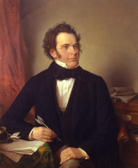 Portrait of Franz Schubert seated with a quill and manuscript paper, after Wilhelm August Rieder