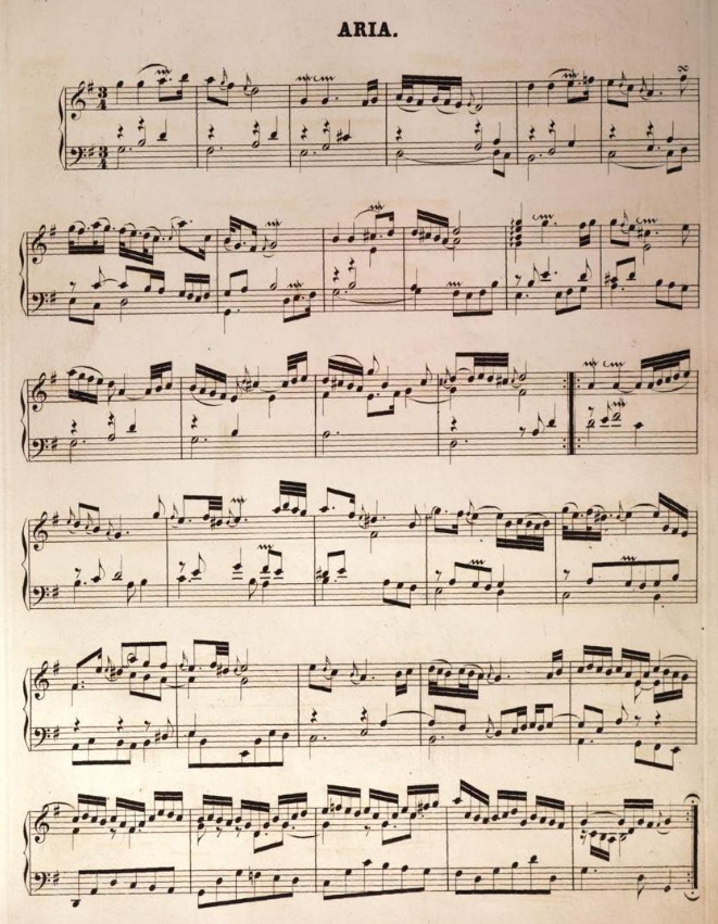Printed score of the opening Aria from Bach's Goldberg Variations BWV 988, showing the sarabande melody over a descending bass line