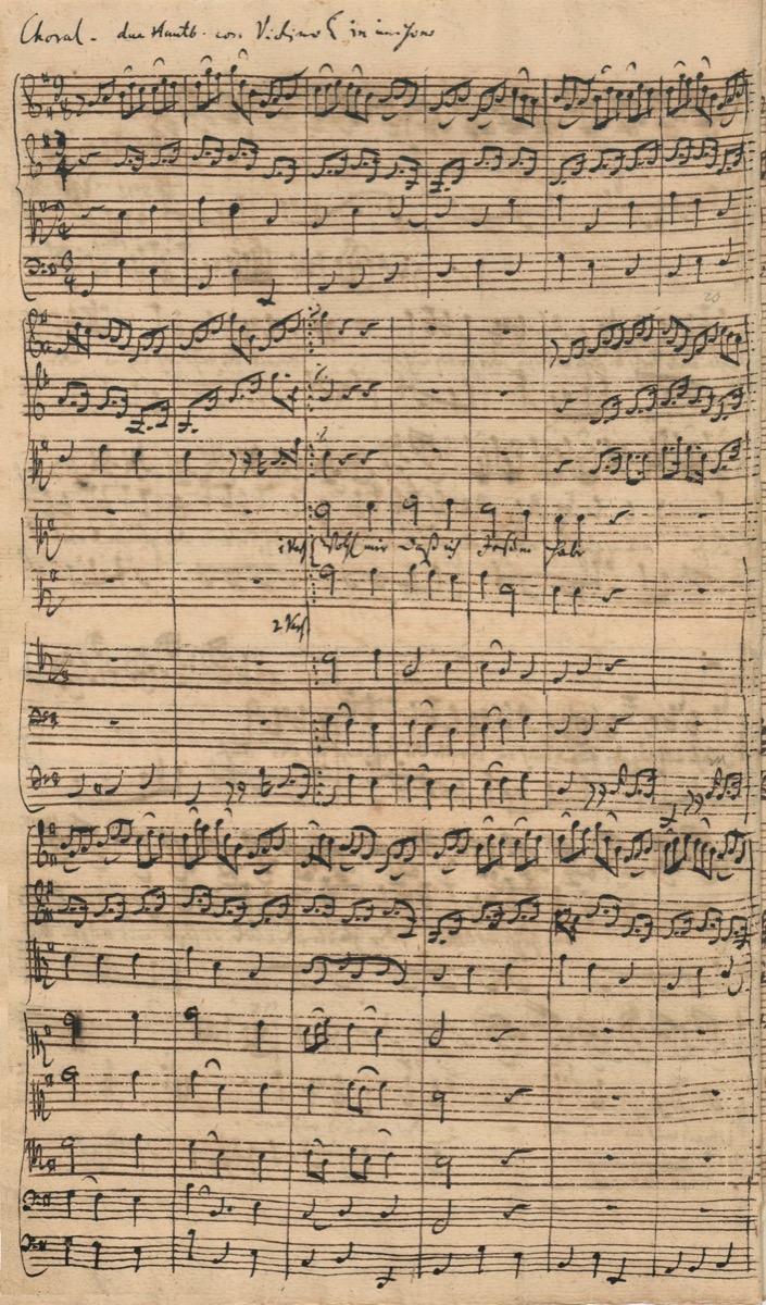 Autograph manuscript page in Bach's hand of the chorale Wohl mir, dass ich Jesum habe from Cantata BWV 147, showing four vocal staves and instrumental parts