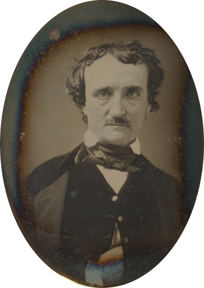 Daguerreotype portrait of Edgar Allan Poe taken in 1849, showing the writer with dark hair and a moustache