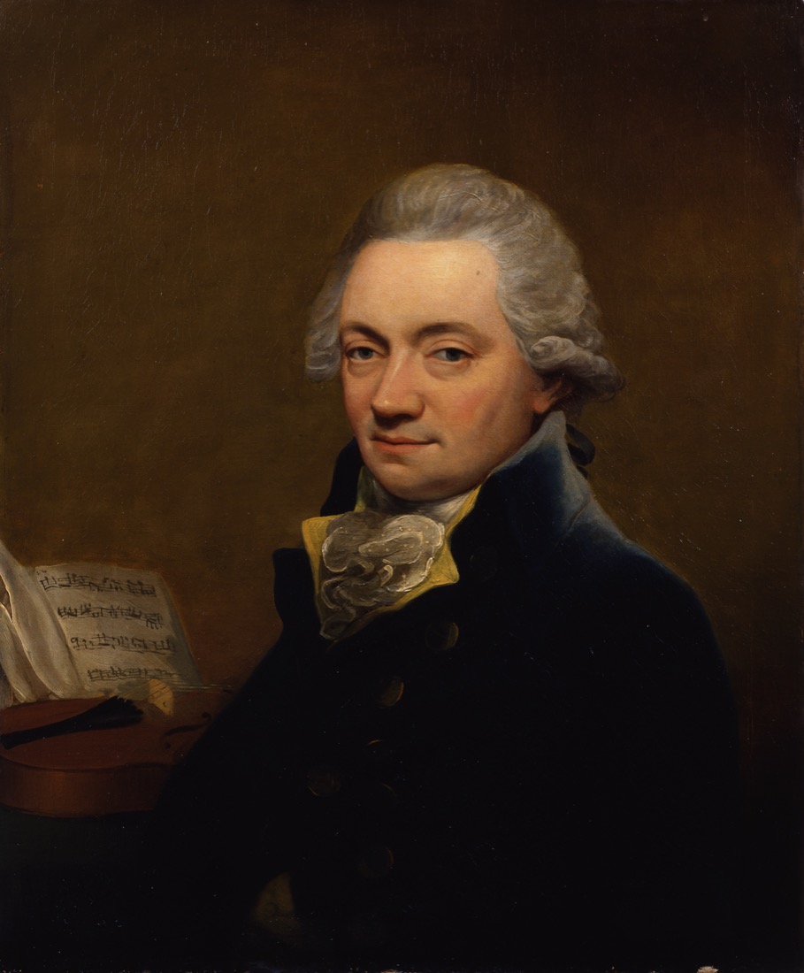 Eighteenth-century portrait of the impresario and violinist Johann Peter Salomon, seated with a violin and sheet music, painted by Thomas Hardy
