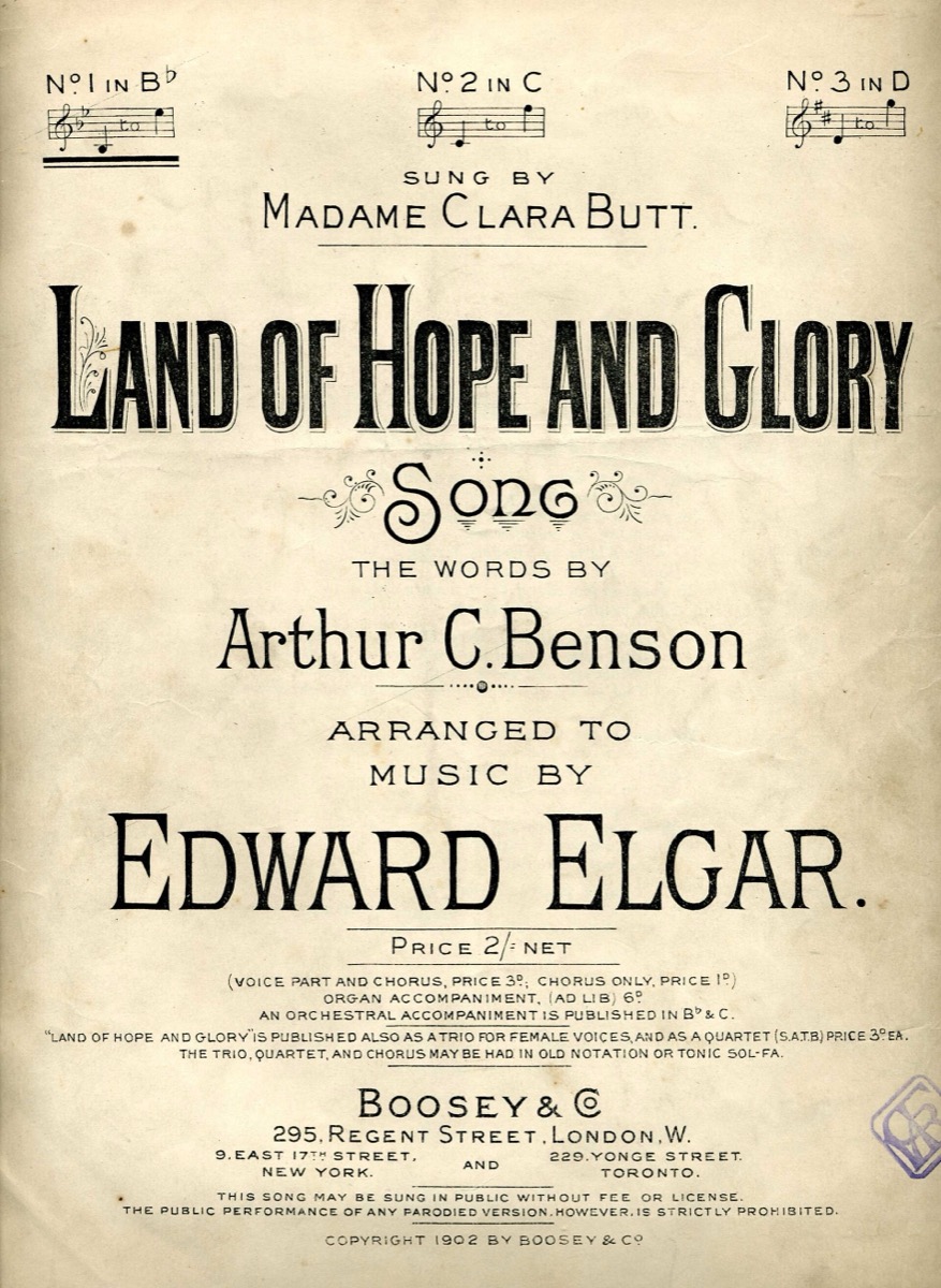 Cover of the 1902 first edition of Edward Elgar's song Land of Hope and Glory, published by Boosey and Co.