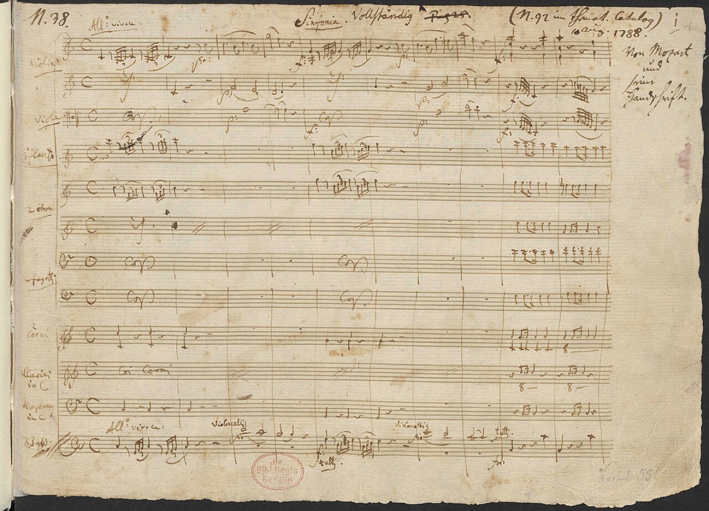 First page of Mozart's handwritten autograph score of Symphony No. 41 in C major K.551, showing staves of ink manuscript notation